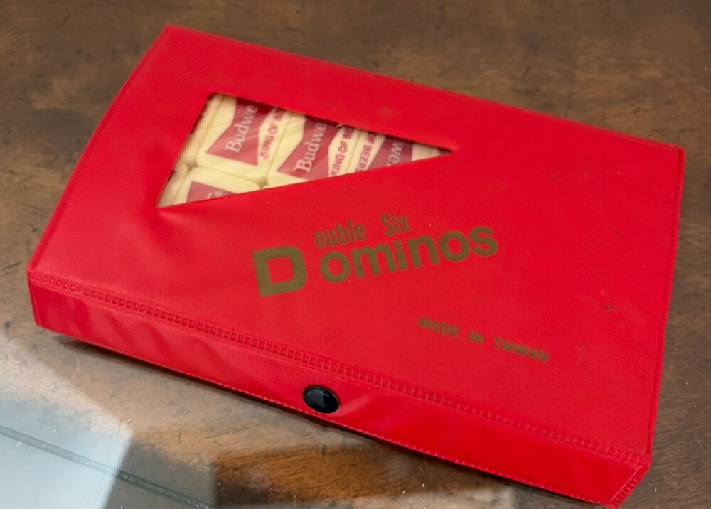 Vintage Double Six Dominoes Budweiser "King of Beers" Logo Red Vinyl Case Sealed